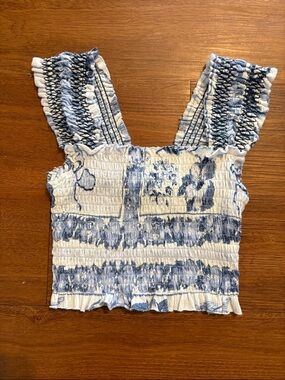 Urban Outfitters Blue & White Smocked Tie-Dye Crop Top